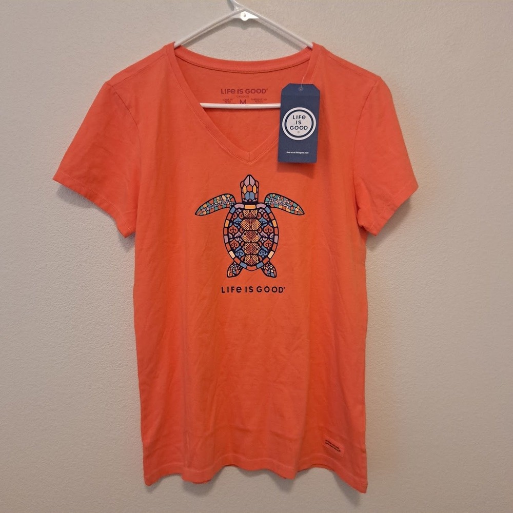 Life is Good Crusher Tee Womens M Coral Orange Mandala Sea Turtle V-Neck Shirt